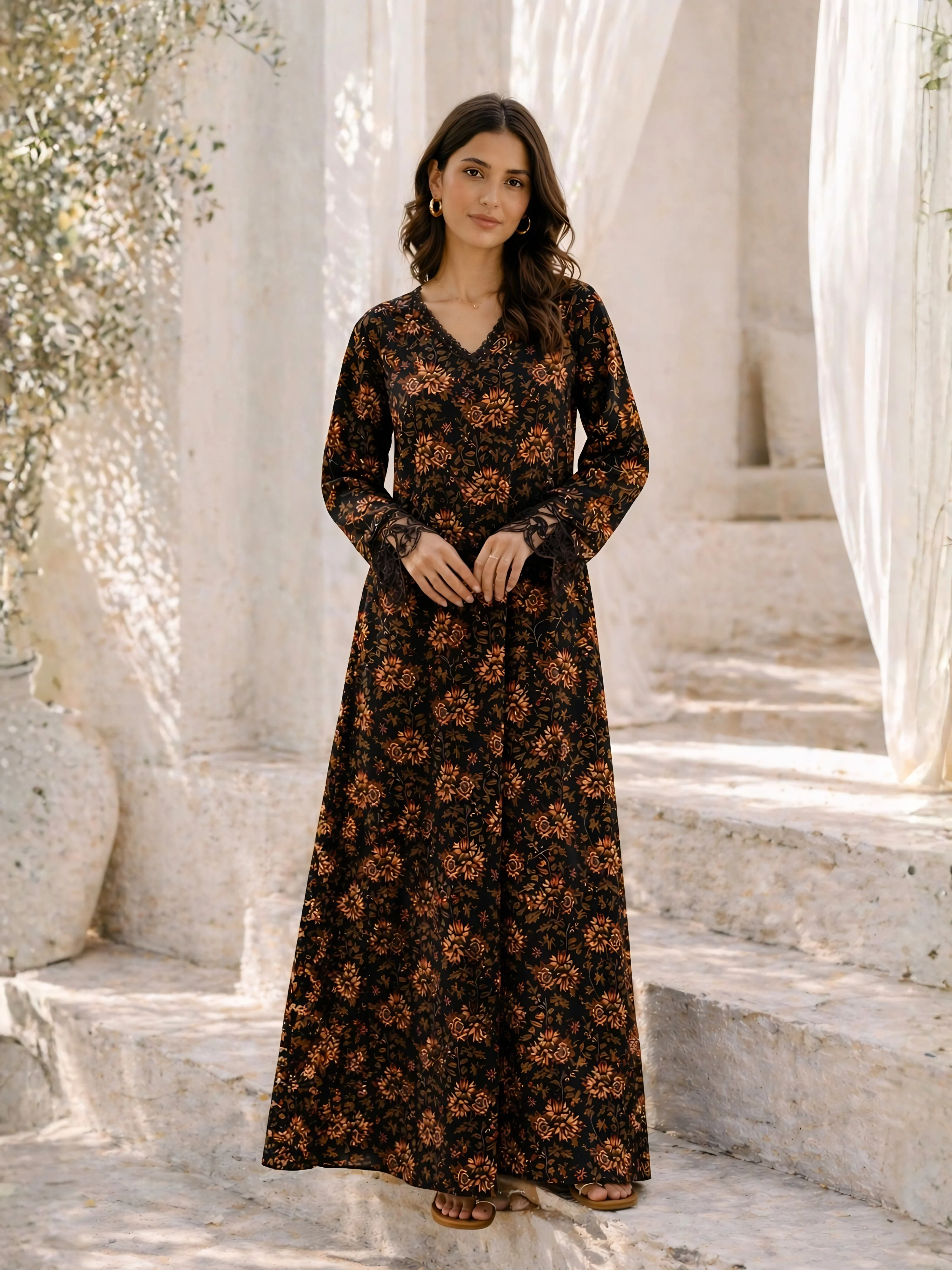 Black Floral Pure Cotton Women's V Neck Night Maxi Dress