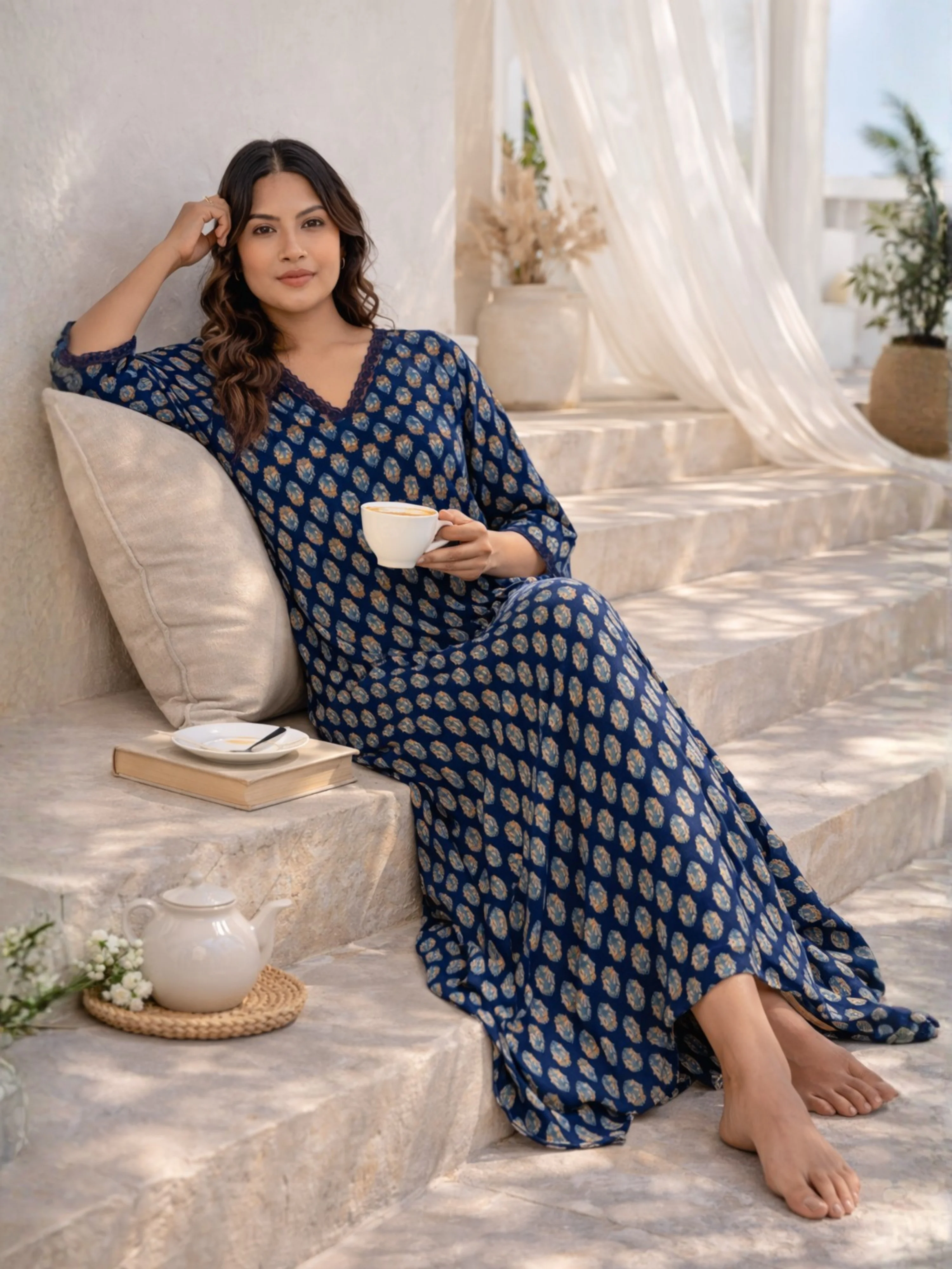 Blue Buti Pure Cotton V Neck Night Maxi