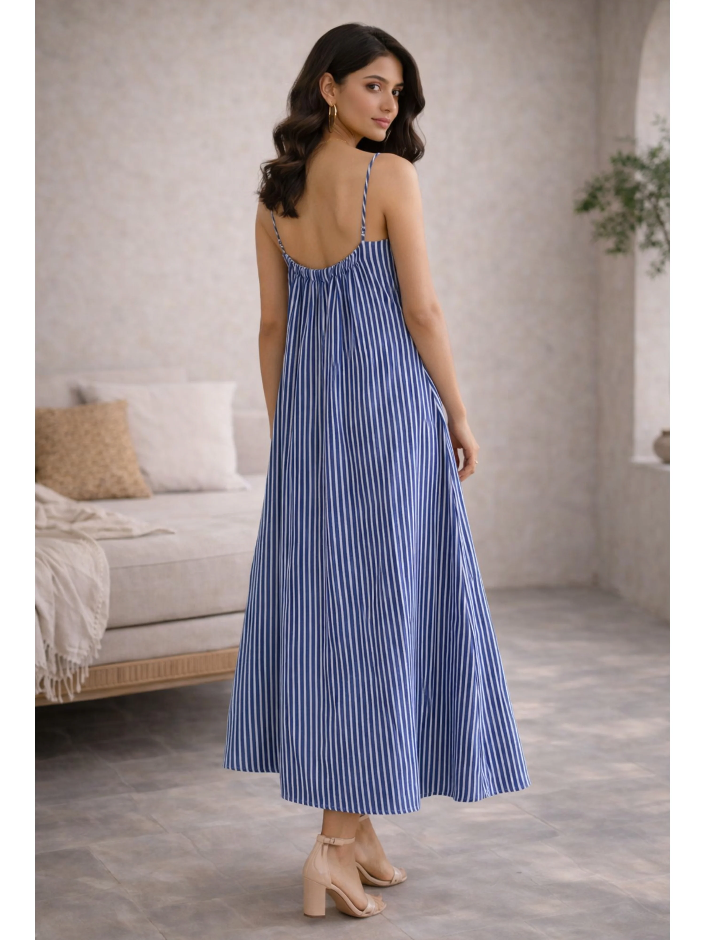 Blue Coastal Stripe Pure Cotton Women's V-Neck Night Maxi - Image 2