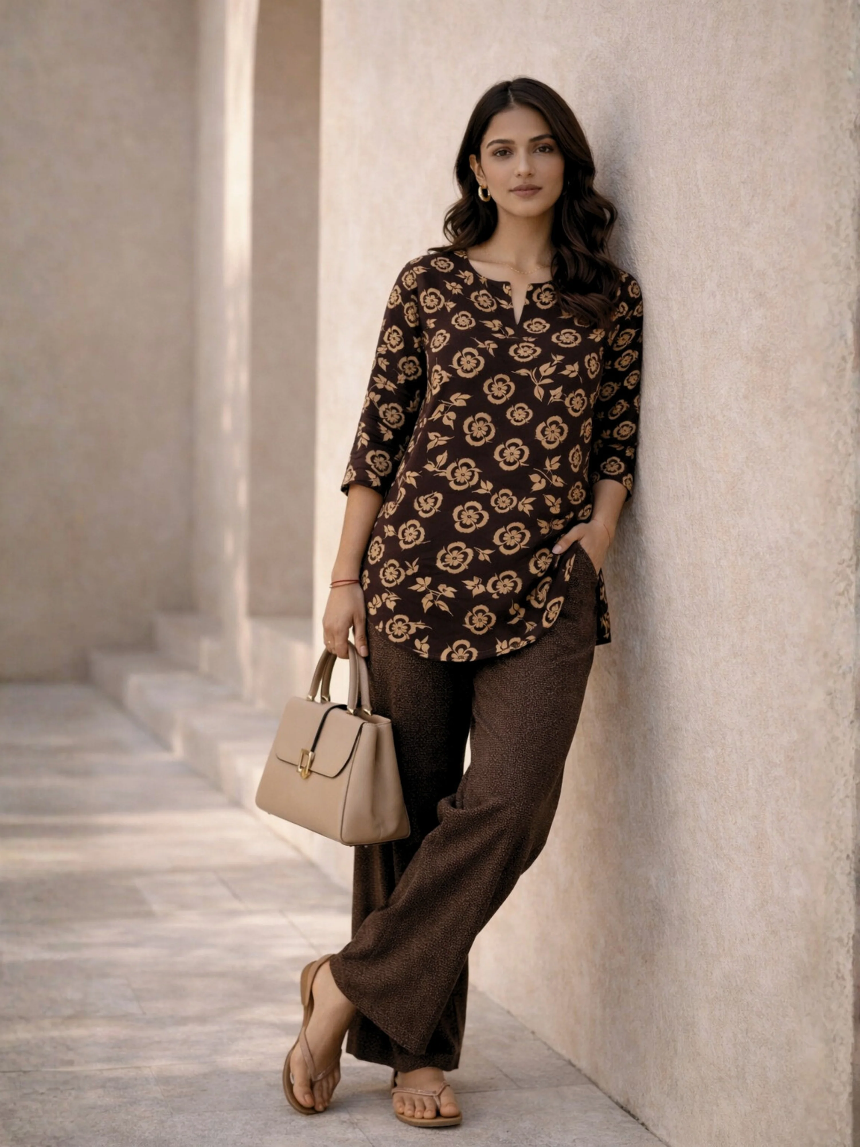 Brown Moonlit Pure Cotton round neck Women's Co-ord Set for Daily Wear