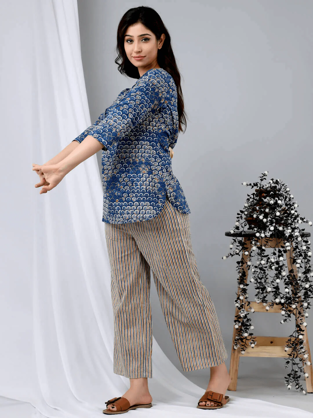 Indigo/Beige Pure Cotton Lounge Wear