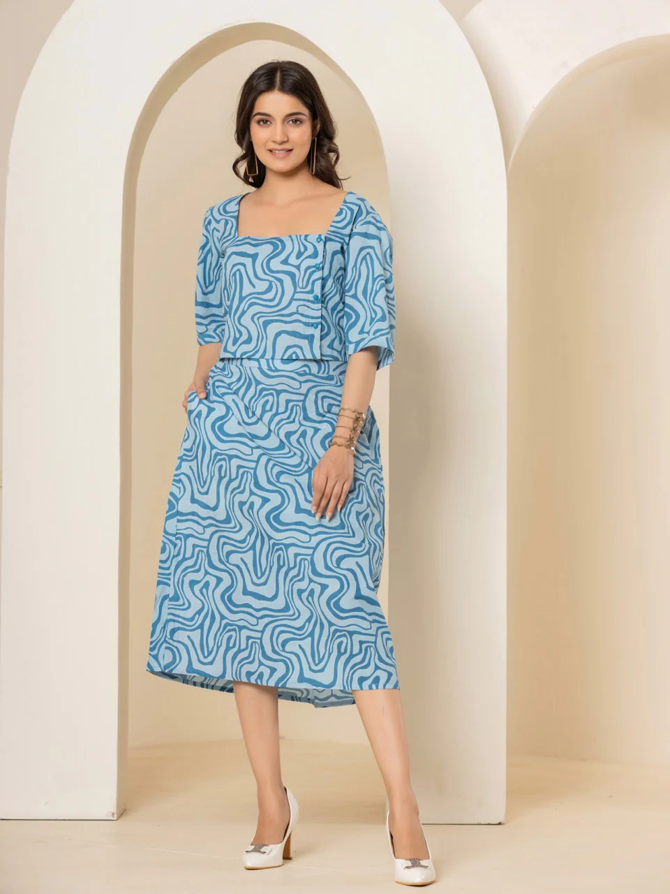 Fluid Wave Ocean Breeze Blue Midi Skirt Set - Image 3