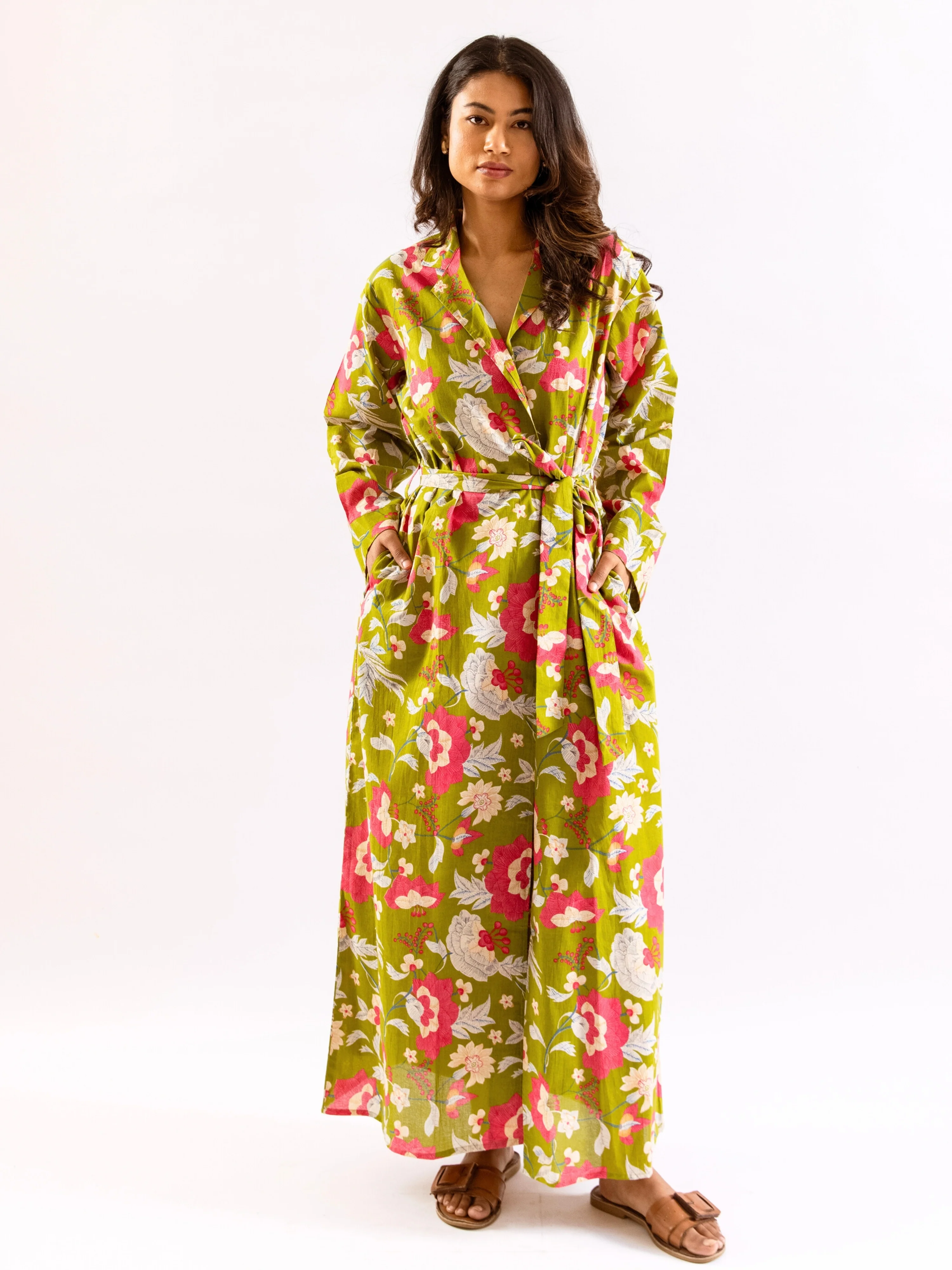 Lime Green Sassy Citrus Pure Cotton V neck Sleepwear Robe Set - Image 11