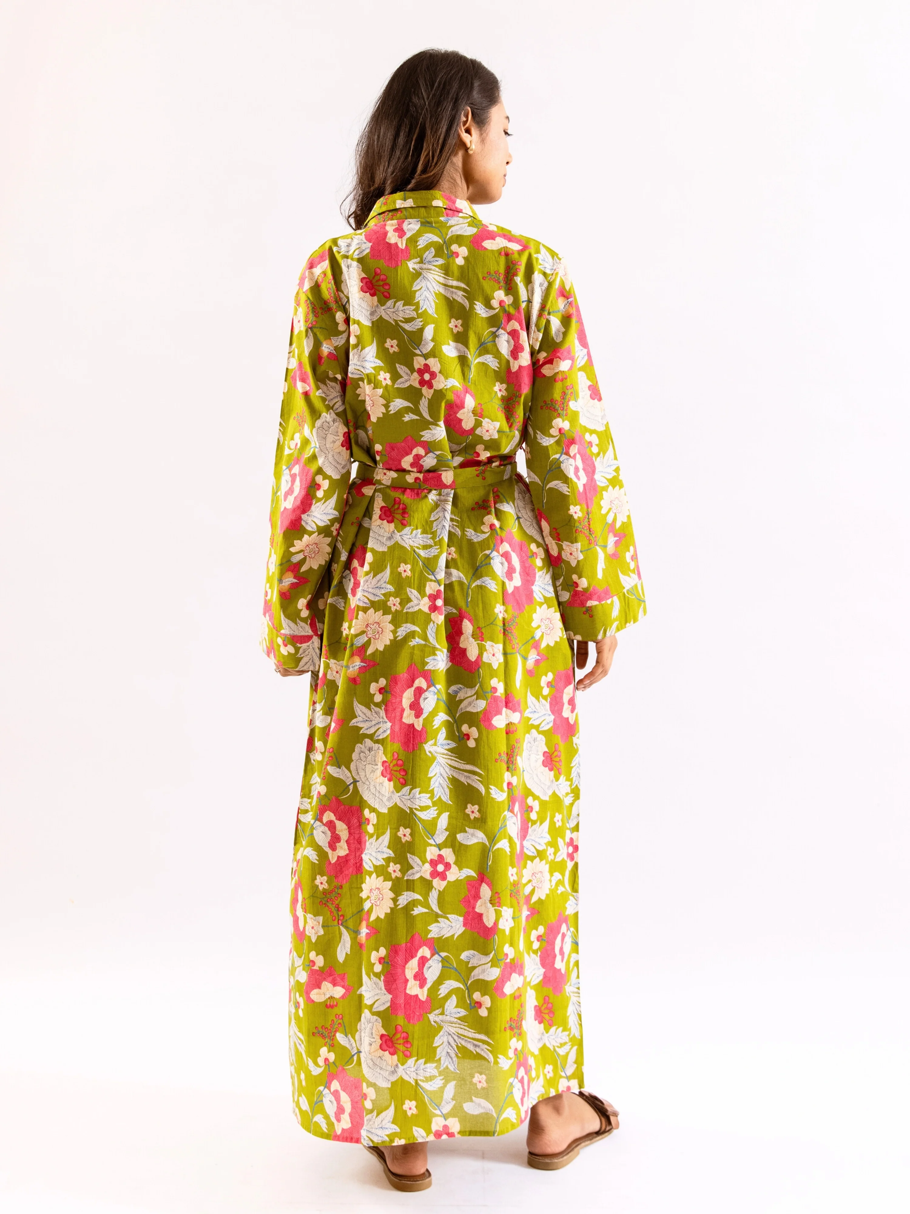 Lime Green Sassy Citrus Pure Cotton V neck Sleepwear Robe Set - Image 3