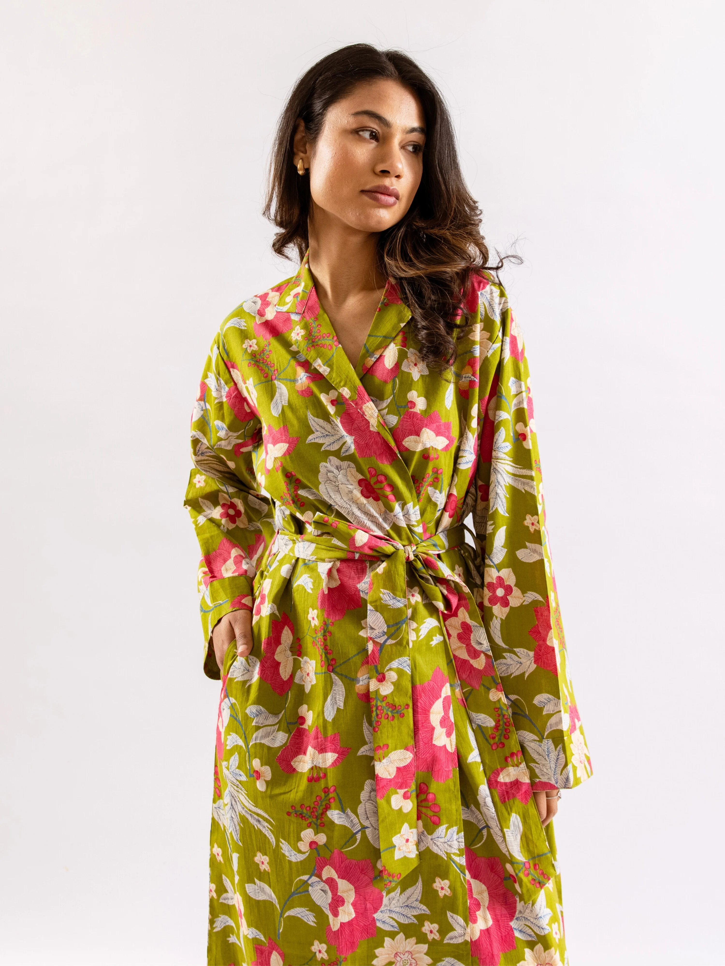 Lime Green Leafy Hush Pure Cotton Collar Neck Robe - Image 4