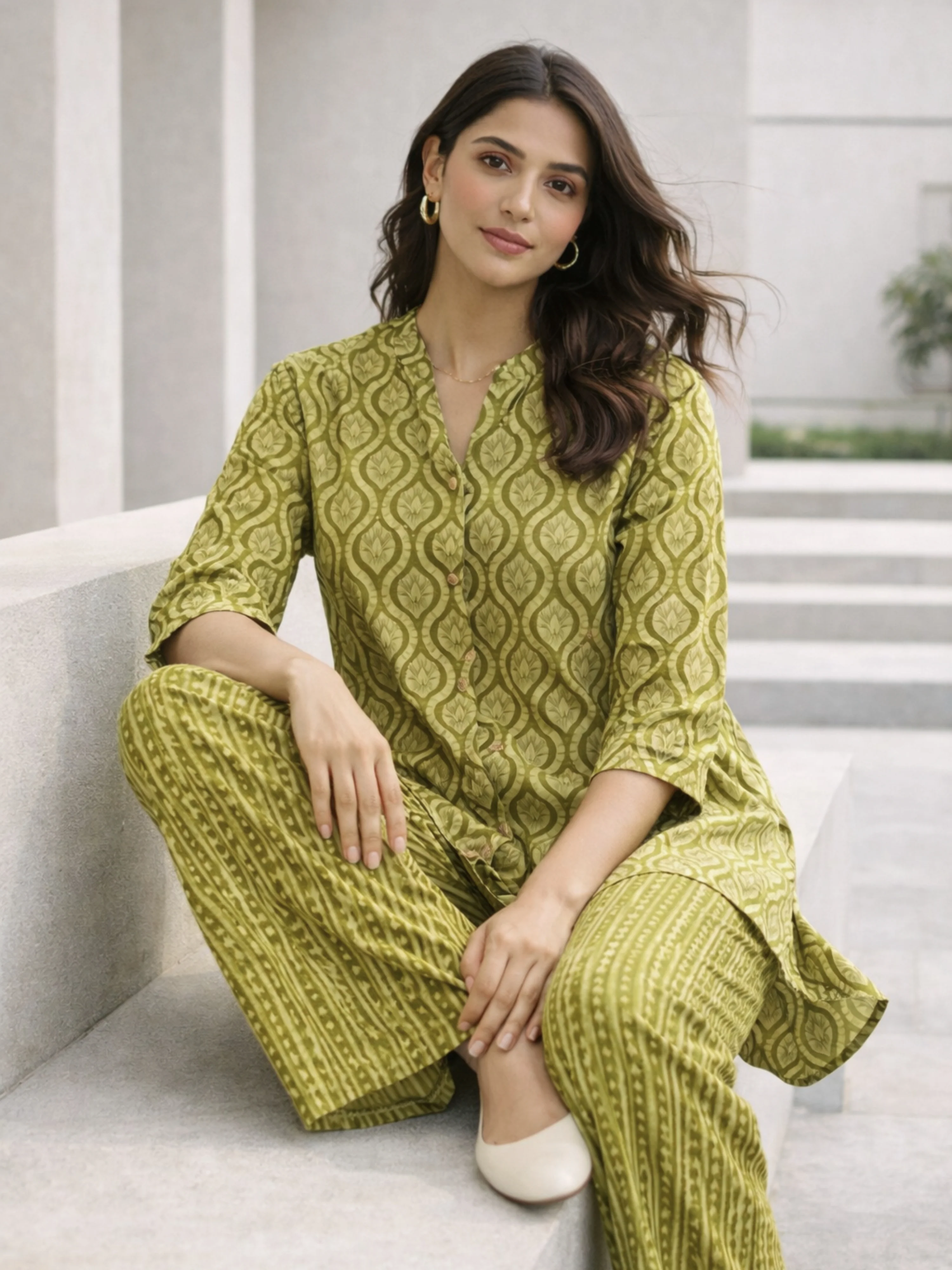 Olive Muse Pure Cotton Women's Back Pleated Co-ord Set