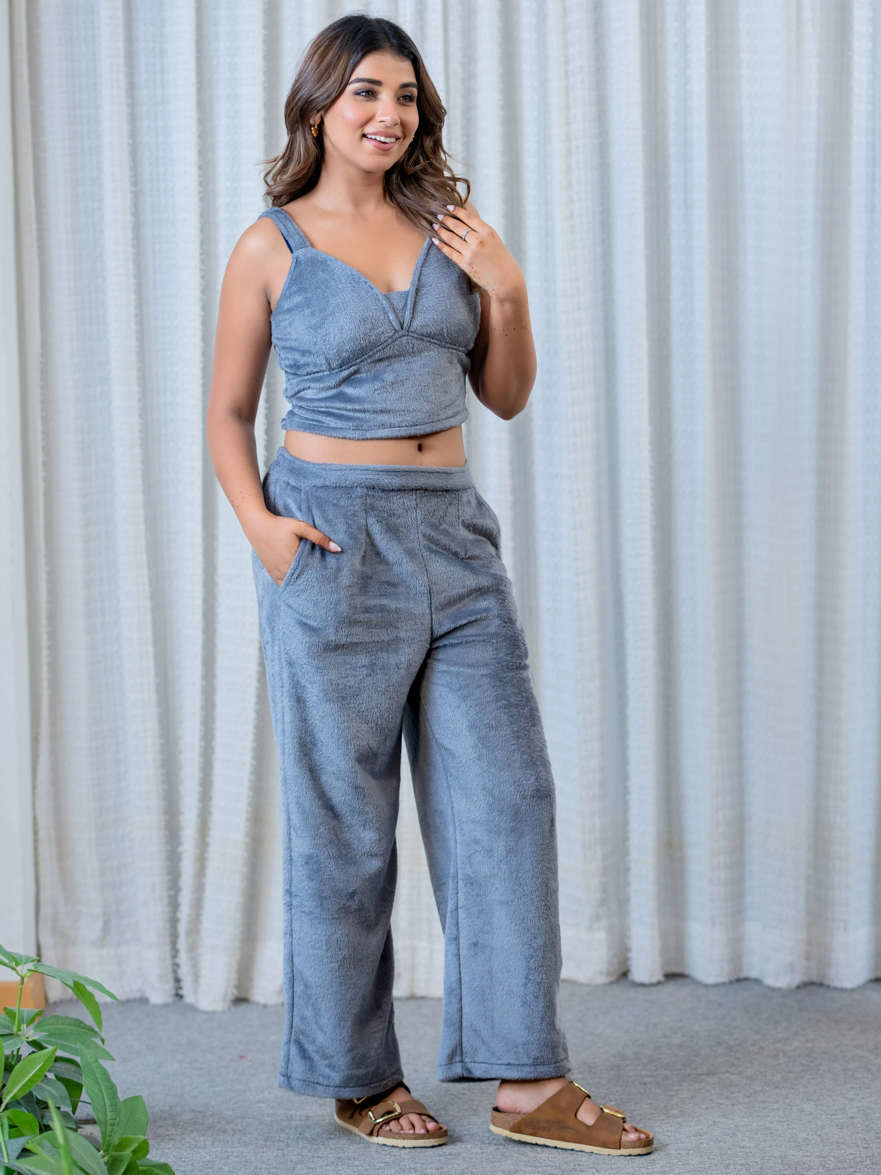 Sleeveless Super Soft Dark Grey Woollen Bralette Set
