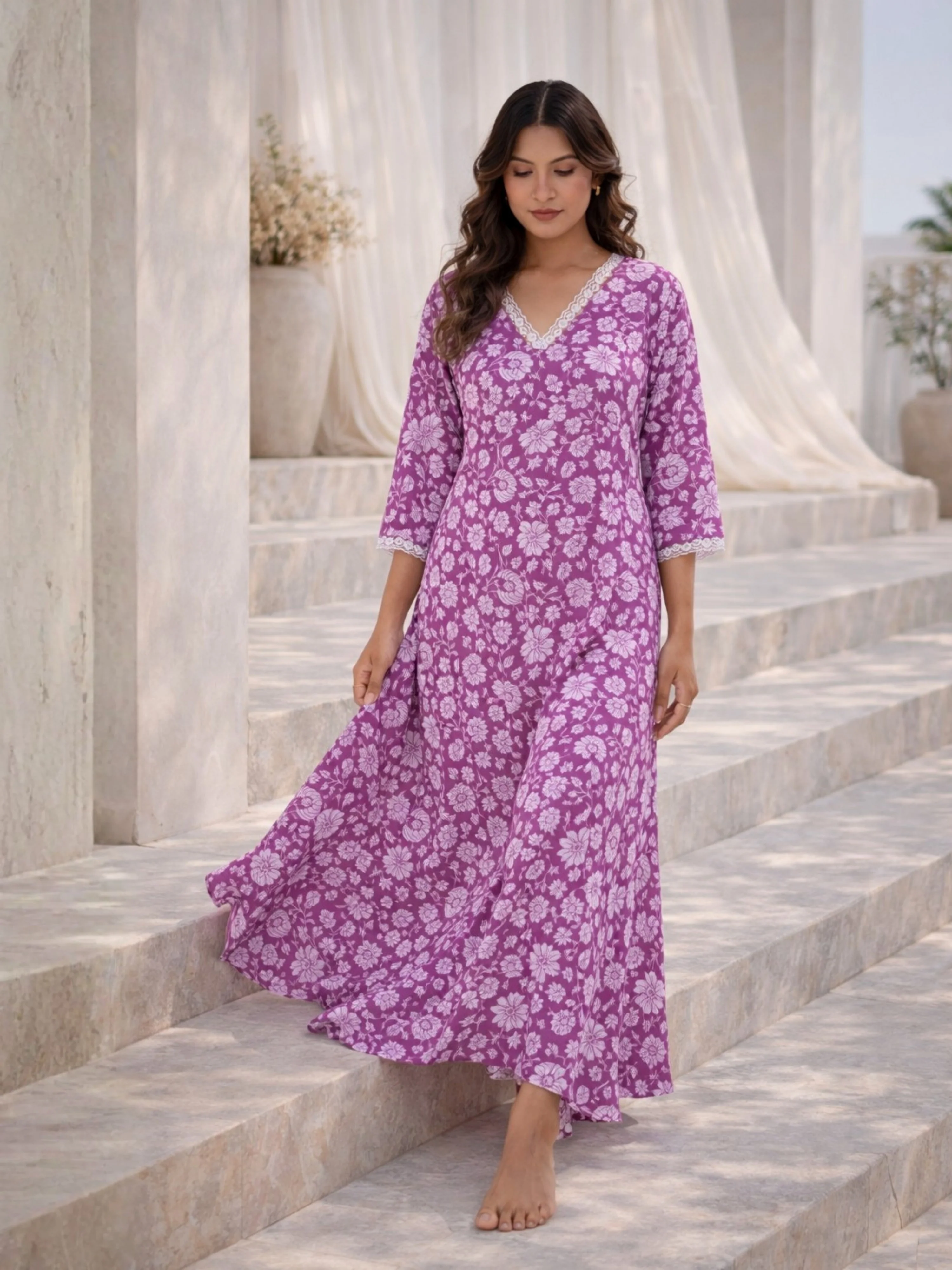 Taffy Pink Printed pureCotton V-Neck Night Maxi