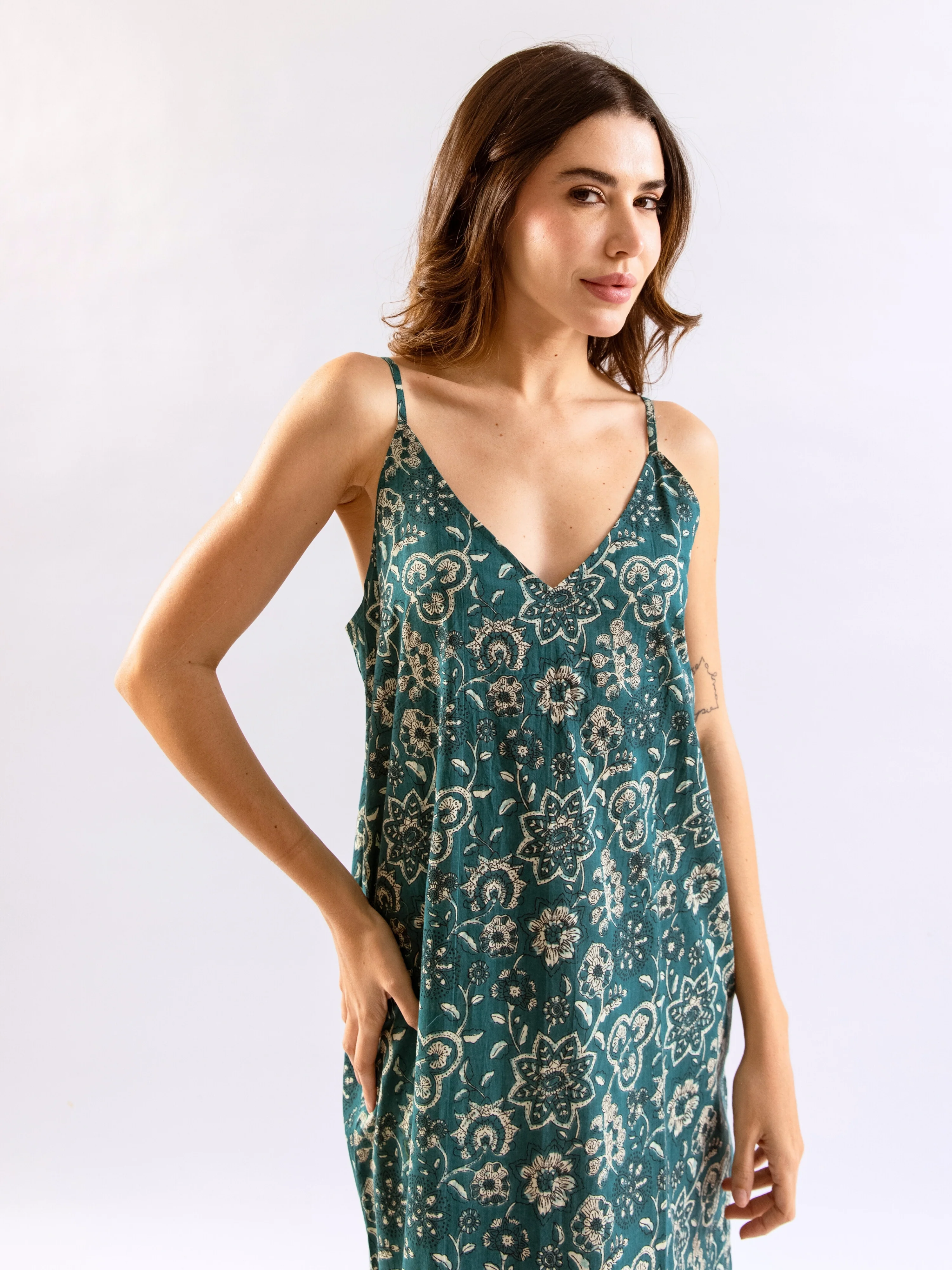 Teal BloomEase Pure Cotton v neck Night Maxi - Image 2