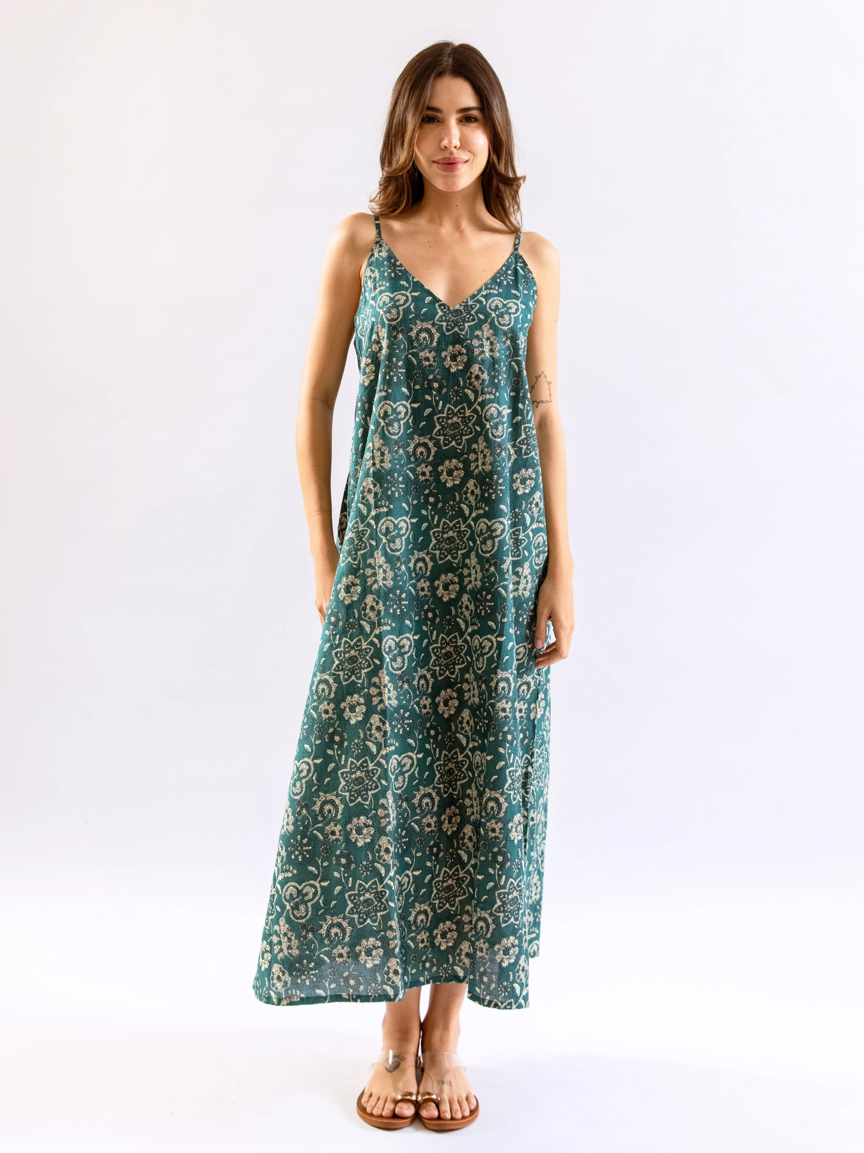 Teal Breezy Boho Pure Cotton V neck Sleepwear Robe Set - Image 9