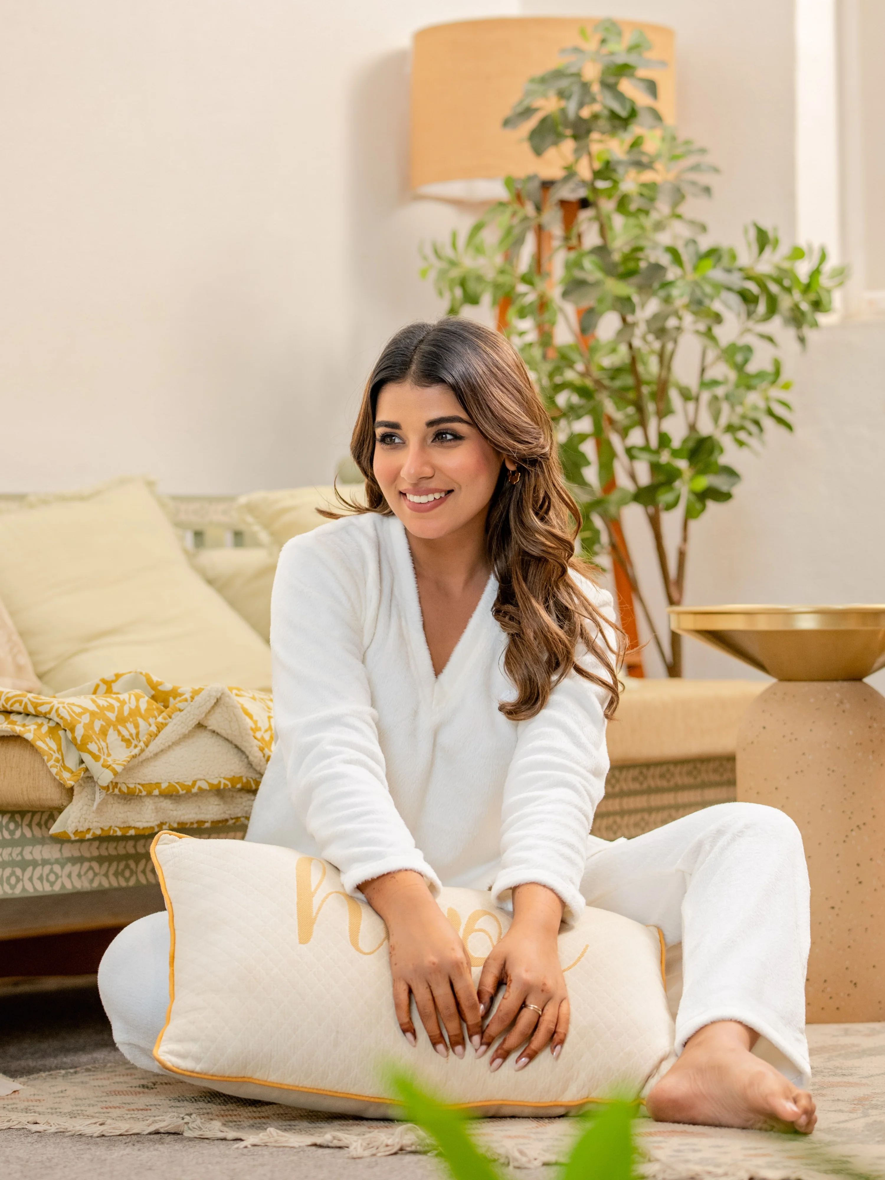V neck Super Soft White Woollen Lounge Wear Set