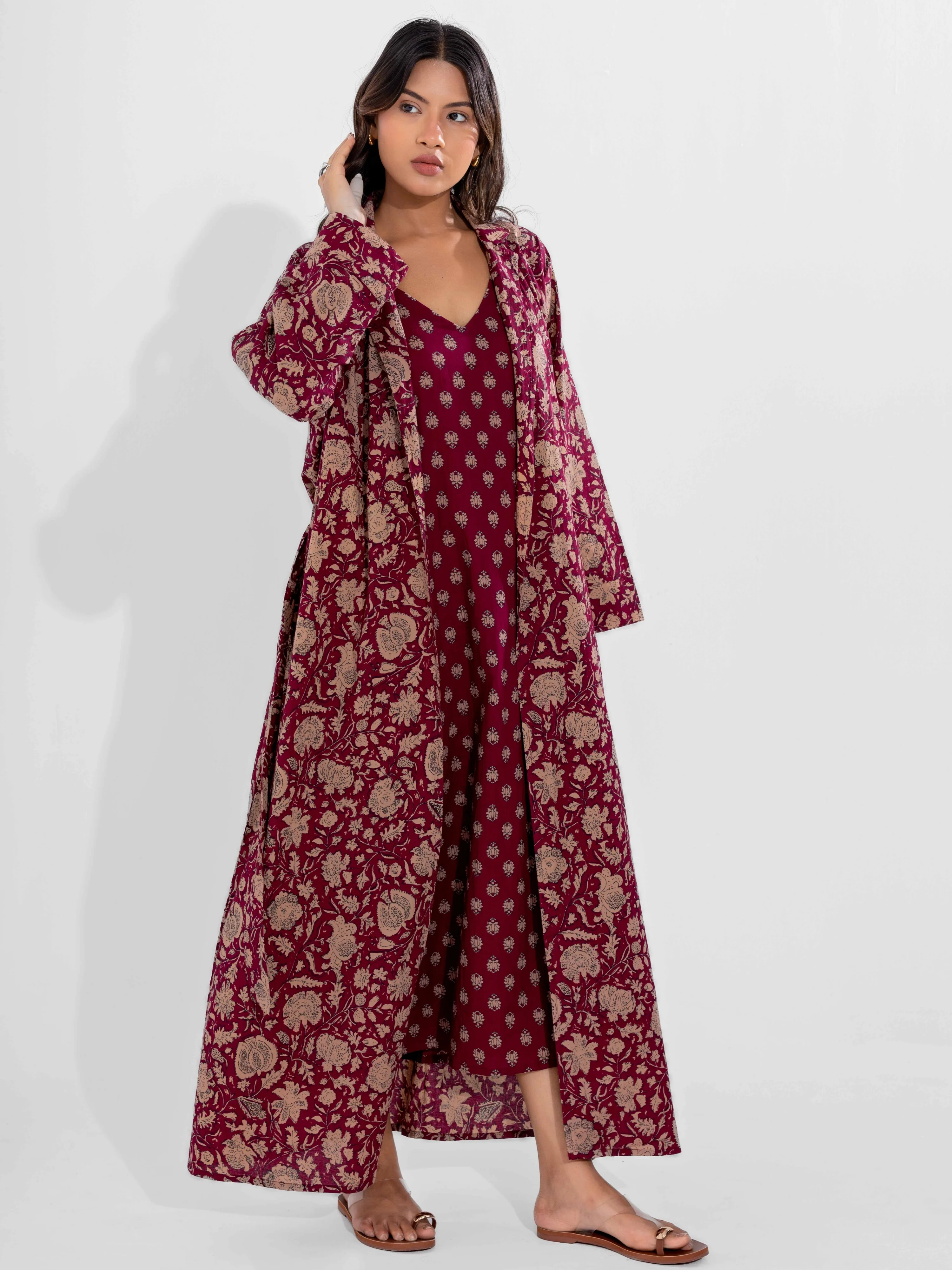 Wine Mocha Pure Cotton V-Neck Midi with Shrug