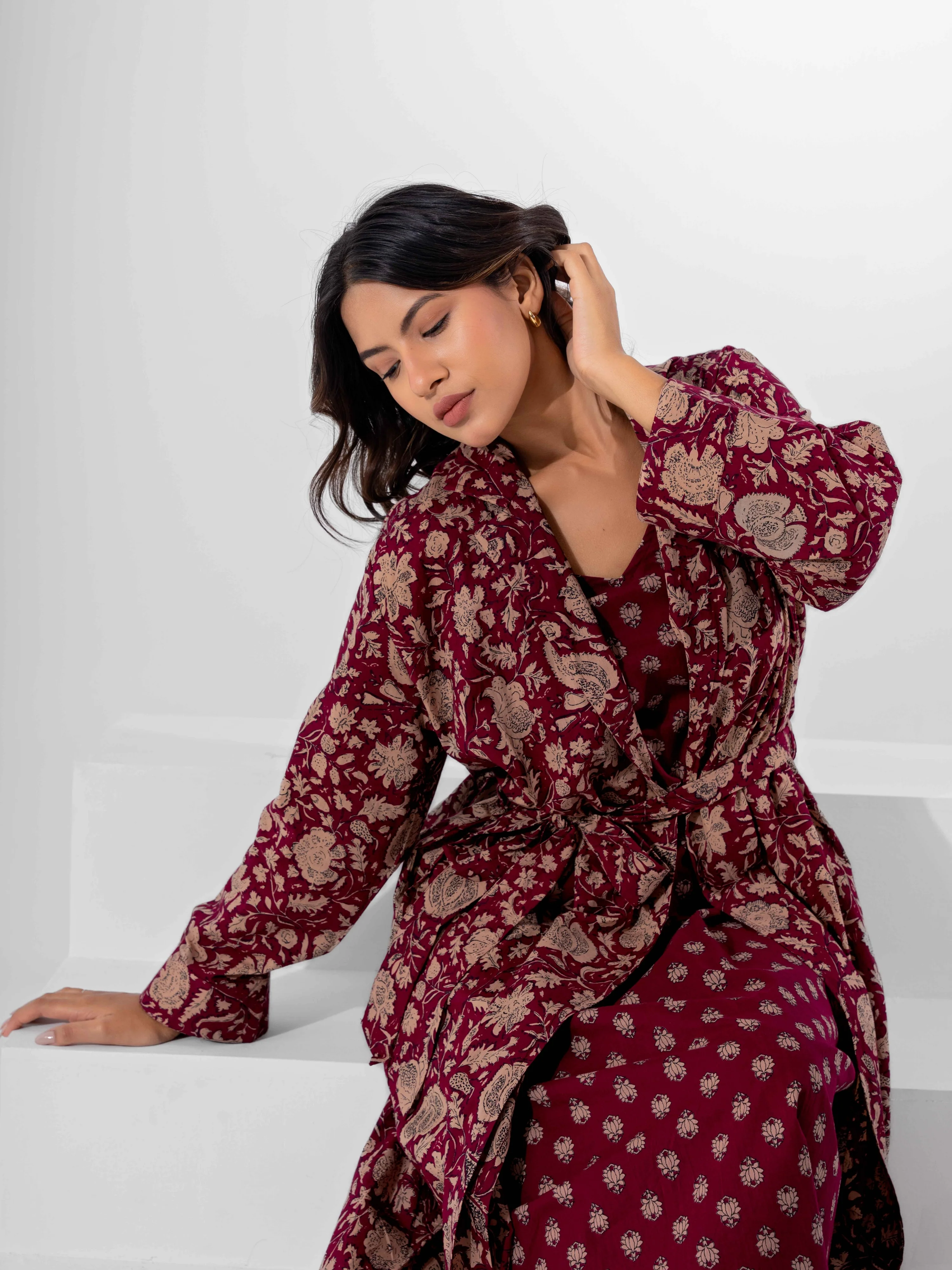Wine Mocha Pure Cotton V-Neck Midi with Shrug - Image 16