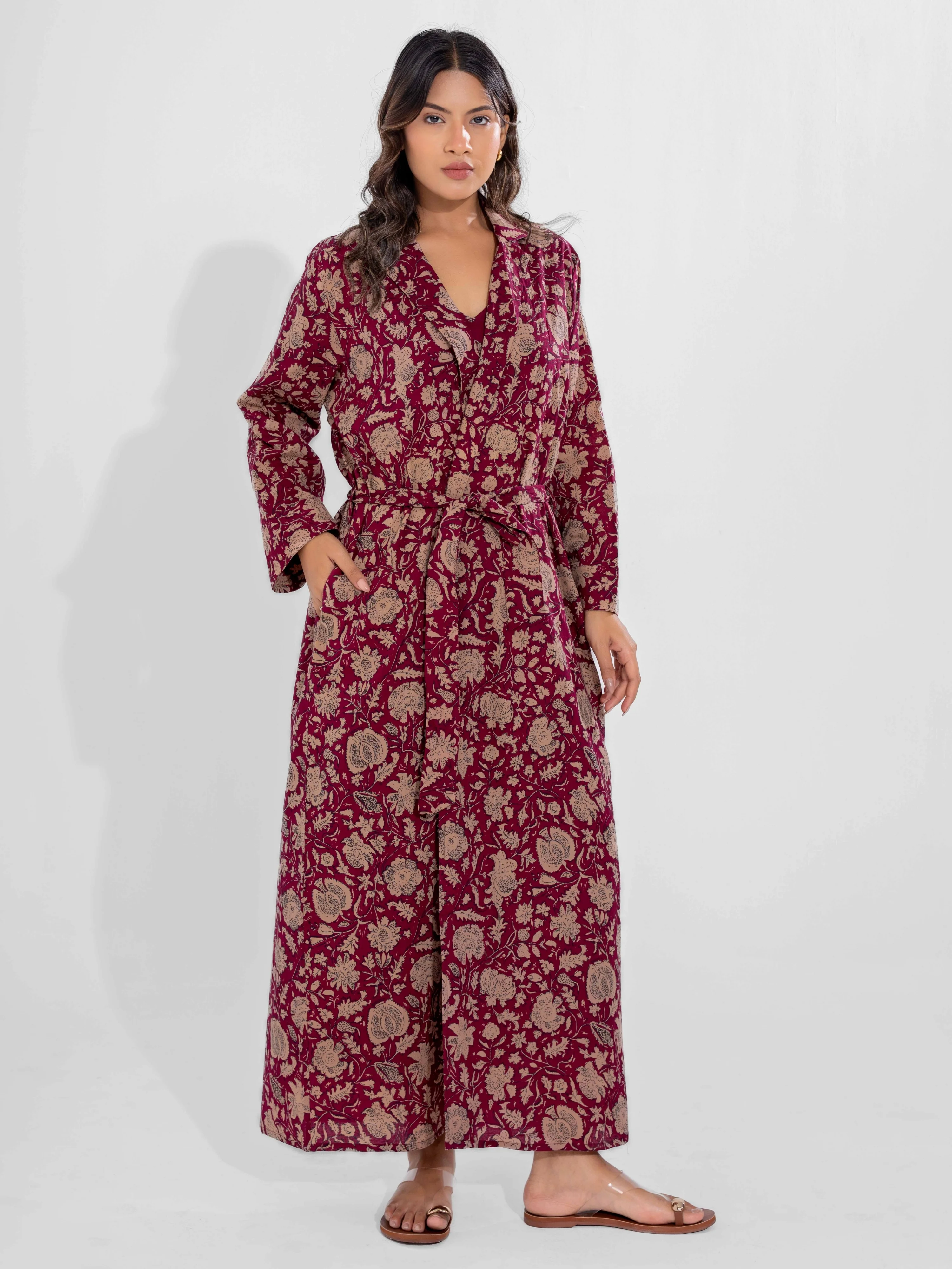 Wine Mocha Pure Cotton V-Neck Midi with Shrug - Image 3