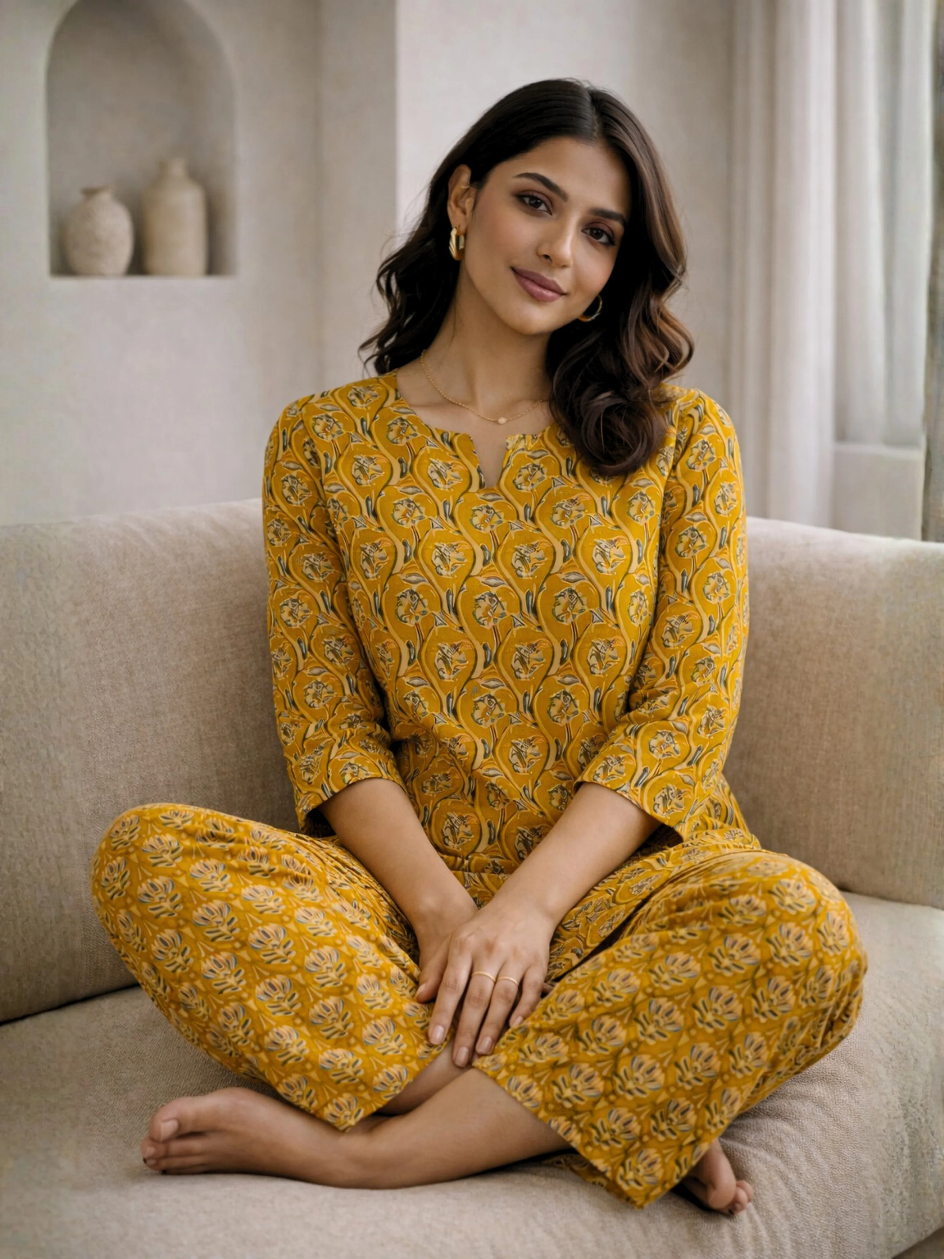 Yellow Petal Drift Pure Cotton round neck Women's Co-ord Set for Summer